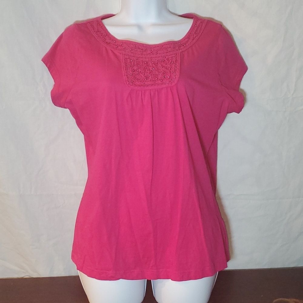 Chaps Pink Cotton Short Sleeve Top Large Embellished Beaded Neckline Blouse Tee